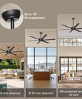 60 Inch Ceiling Fan No Light With Remote And App Control Quiet DC Motor Indoor Outdoor Ceiling Fan For Patio Garage Shop Industrial Aluminum Blades In Black in various indoor and outdoor settings