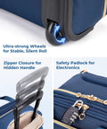 Close-up of underseat carry on luggage 16 inch softside roller bag in dark blue, showing wheels, zipper handle, and safety lock features.