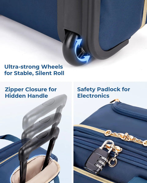 Close-up of underseat carry on luggage 16 inch softside roller bag in dark blue, showing wheels, zipper handle, and safety lock features.