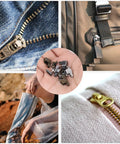 Ultimate Zipper Repair Kit With 61 Pieces Including Four Zipper Insertion Pins In Sizes 3 5 8 10 for jackets, bags, tents shown in use.