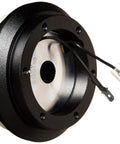 Racing Style Short Hub Steering Adapter, Lockable Aluminum Quick Release Shaft, 6X70mm Bolt Pattern, black aluminum design with wiring.
