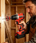 Top Shelf Nine Piece Countersink Drill Bit Set With Five Killer HSS Sizes And Adjustable Depth Stop Collar Plus Wrench For Dead On Screw Pilot Holes In Softwood Hardwood MDF in use, drilling into wood.