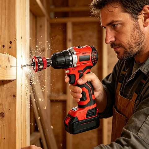 Top Shelf Nine Piece Countersink Drill Bit Set With Five Killer HSS Sizes And Adjustable Depth Stop Collar Plus Wrench For Dead On Screw Pilot Holes In Softwood Hardwood MDF in use, drilling into wood.