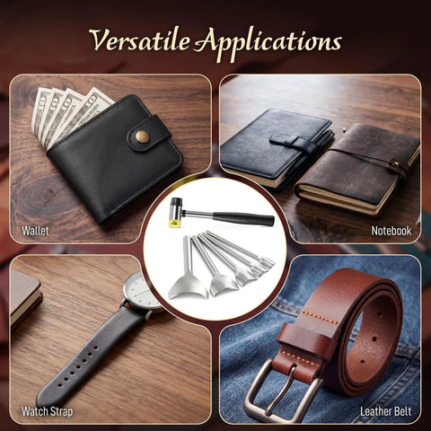 Leather Corner Punch Set With Double Sided Mallet Five Popular Sizes Leather Corner Cutters for belts, wallets, straps displayed.