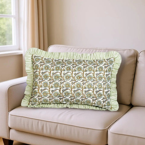 Block Print Bloom Bubbles Cotton Lumbar Sham Cover 36x14 Boho Floral Pillowcase With Ruffle Edges, Farmhouse Cottagecore Bedding, Comfy Decorative Cover, Gift For Spring Easter Valentine on beige sofa