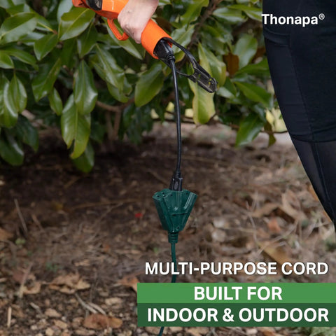 Weatherproof Green Outdoor Extension Cord 50 Feet With Three Outlets 16/3 SJTW Heavy Duty Exterior Cable 13 Amp used outdoors