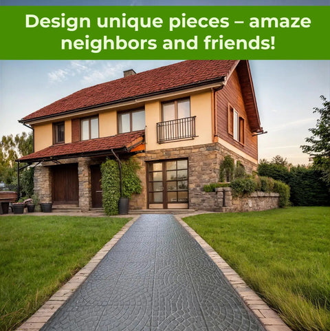 DIY Concrete Patio Paver Molds Large Cobblestone Pathmaker Mold for Walkways creating a decorative path leading to a house.
