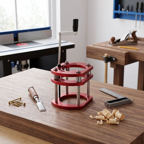 Badass Aluminum Router Table Base Featuring Slick Four Jaw Clamping Mechanism And Heavy Duty Stainless Steel Lift Rods, detailed view on workshop table.