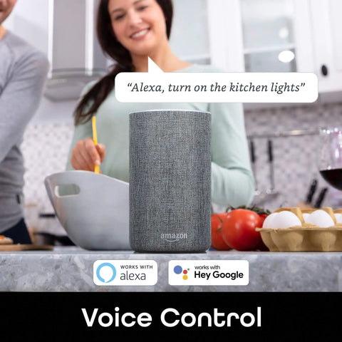 Lux Edison Smart Light Bulb With Alexa And Google Home Compatibility, showing voice control with an Amazon Alexa device in a kitchen.