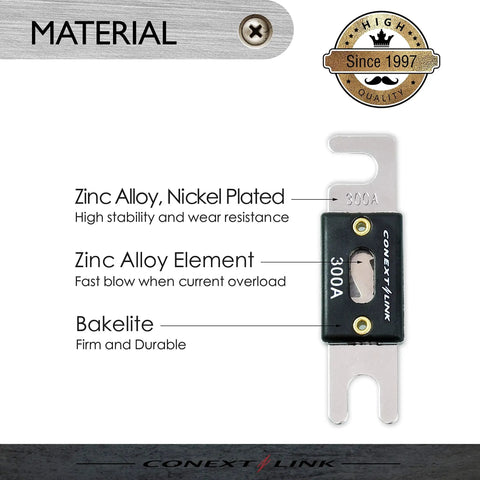 Nickel Plated 300 Amp ANL Fuse 5 Pack For Auto Electrical Systems showing zinc alloy and bakelite materials.