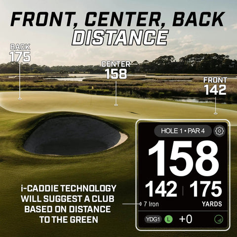 Swami 7000i Touchscreen Golf GPS Rangefinder showing front, center, back distances on course, 158 yards to center