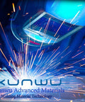 Welding process with sparks and blue light, Kunwu Advanced Materials logo, showcasing welding technology