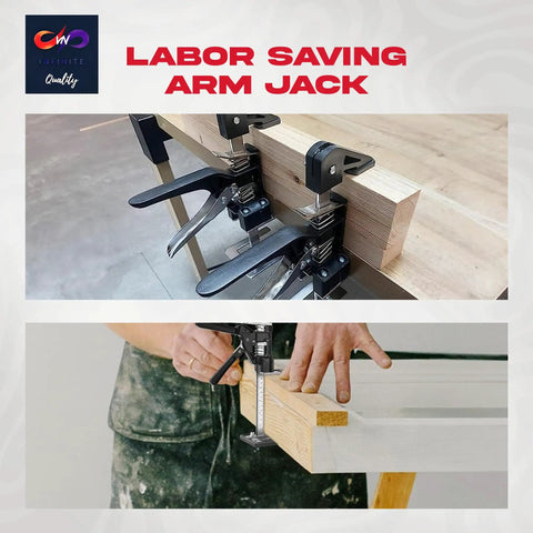Two Pack 12 Inch Lever Tool Lifts Labor Saving Handle Set for tile and cabinet positioning on workbench.
