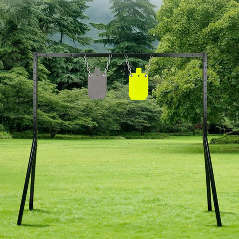 Premium Half Inch AR500 Steel Shooting Target For Outdoors with Gong Silhouette hanging on metal stand in grassy field