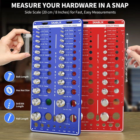 SKABLIX bolt and nut gauge boards, blue and red, 26 standard + 26 metric bolts, 16 drill-bit gauges, wall-mountable