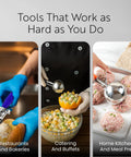 Three images of a chef using a 3.25 Ounce Trigger Release Portion Scoop With Green Handle Stainless Steel Disher in different kitchen settings.