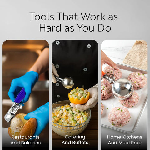Three images of a chef using a 3.25 Ounce Trigger Release Portion Scoop With Green Handle Stainless Steel Disher in different kitchen settings.