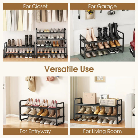 Adjustable Expandable Metal Shoe Rack For Closet Featuring Sturdy Mesh Shelves That Keep Ya Boots And Heels Straight Up Tidy Stackable Storage Organizer For Entryway Garage And Tiny Rooms In Matte Black Finish