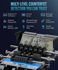 High Speed Money Counter Hits 1000 Bills Per Minute With UV MG IR DD Counterfeit Detection showing features on display