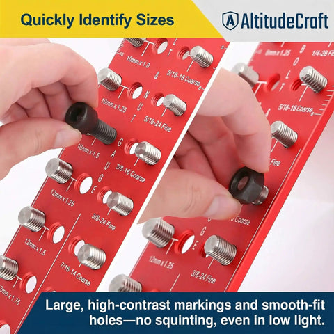 Thread Checker And Bolt Gauge For Metric And Standard Threads With Rustproof SUS304 Bolts And 6061 Aluminum Base Pro Grade Nut And Bolt Identifier Tool For Quick Go No Go Fits showing high-contrast markings.