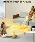 2 In 1 Portable Electric Space Heater With Thermostat 1500W/750W Ceramic Heater next to woman and child with pet cat indoors