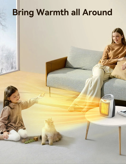 2 In 1 Portable Electric Space Heater With Thermostat 1500W/750W Ceramic Heater next to woman and child with pet cat indoors