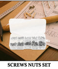 Zinc Alloy Machine Screw And Nut Kit With Washers, 320Pcs Pan Head Bolts Set displayed with tools and instructions