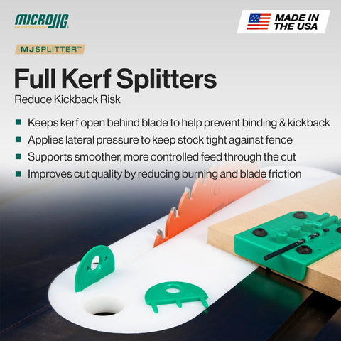Premium Table Saw Safety Splitter Stops Kickback Cold For One Eighth Inch Kerf Blades, green kerf splitter mounted on table saw.