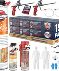 Hardcore Fire Rated Closed Cell Spray Foam Insulation Kit For Attics Walls And Garage Doors Includes Pro Dispensing Gun And Quick Clean Rinse 192 Cans Covers A Solid 3840 Square Feet With Epic R Value on display with tools and protective gear.