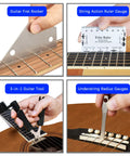 All In One Guitar Setup Tool Kit With Carry Bag For Bass Ukulele Banjo Pro Grade Fret Crowning File Fret Rocker String Winder Neck Feeler Truss Rod Adjuster Premium Luthier Repair And Maintenance Gear, fret rocker and gauges on guitar
