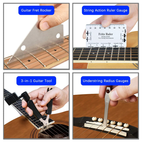 All In One Guitar Setup Tool Kit With Carry Bag For Bass Ukulele Banjo Pro Grade Fret Crowning File Fret Rocker String Winder Neck Feeler Truss Rod Adjuster Premium Luthier Repair And Maintenance Gear, fret rocker and gauges on guitar