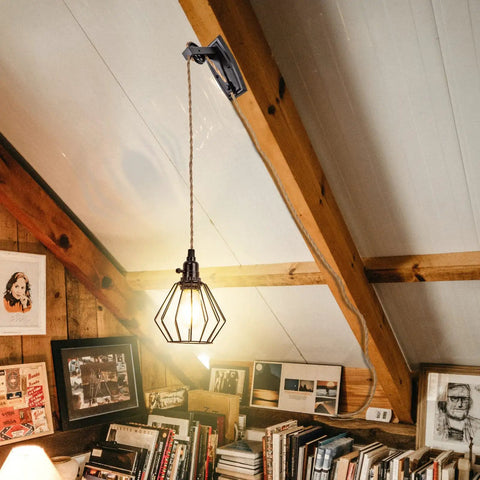 Two Pack Plug In Farmhouse Wall Sconces Set With Industrial Wheel Cage Shade In Black, 13ft Hemp Rope Cord, attic view