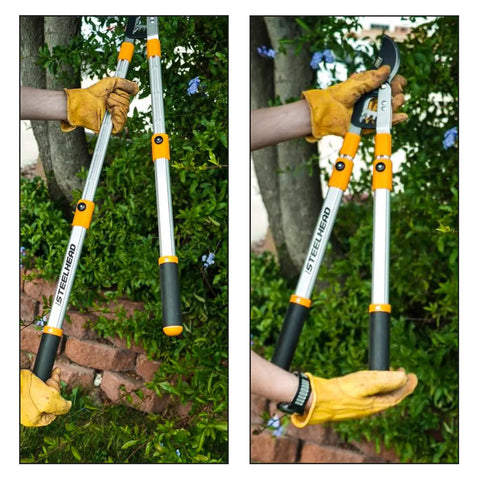 Person holding Heavy-Duty Gear-Bypass Lopper With 27 To 40 Inch Adjustable Telescoping Handles, cutting branches.