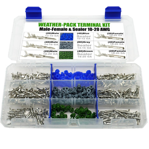 Grab This Awesome 320PC Weather-Pack Electrical Kit With Sealed Terminals And Connectors For Heavy Duty Wiring Up To 10-20 Gauge Making Every Connection Totally Waterproof In Tough Automotive Conditions. clear organizer box with Weather-Pack terminal kit, male-female contacts and seals