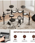 Electronic Drum Set With Kick Pad And 225 Sounds, 15 Kits, 8 Inch Mesh Snare, 3X 10 Inch Cymbals With Choke, USB MIDI, Headphone Out, 30 Demo Songs, Complete Electric Kit For Beginners in room setting.