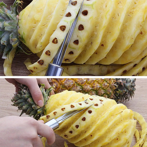 Pro Grade Stainless Steel Pineapple Eye Remover Tool With V Shaped Cutter in use removing pineapple eyes
