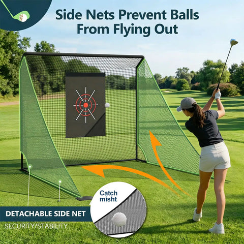 Woman practicing with 10x7ft Backyard Golf Net With Auto Return And Side Barriers Real Golf Ball Practice Screen in a field