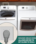 Three Prong Dryer Cord Ten Foot 30 Amp Appliance Extension Cord With NEMA Ten Thirty Plug in laundry room with washer, dryer.