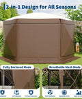 Hexagonal Pop Up Canopy Tent 13 By 13 Feet Six Sided Outdoor Shelter With One Push Setup Removable Canopy Top And Wind Cloths Ideal For Camping Backyard Parties And Events Beige And Khaki, side view, enclosed mode.
