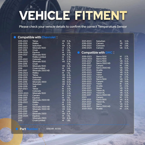Vehicle fitment chart for Heavy Duty Ambient Air Temperature Sensor Straight Shot Knockout Fit No Sweat Swap Drop Dead Reliable For Chevy Silverado Camaro Colorado Equinox Suburban Replaces Ax355.