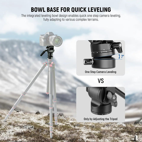 Heavy Duty Fluid Video Head With Adjustable Leveling Base And Arca Type Quick Release Plate Telescopic Grip shown on tripod for quick leveling.