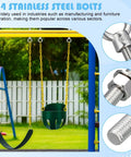 Playground swing with stainless steel bolts close-up, showing their use in outdoor equipment installation.