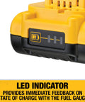 Close-up of 20V Max 4Ah Compact Battery for Power Tools with visible LED indicator showing charge level.