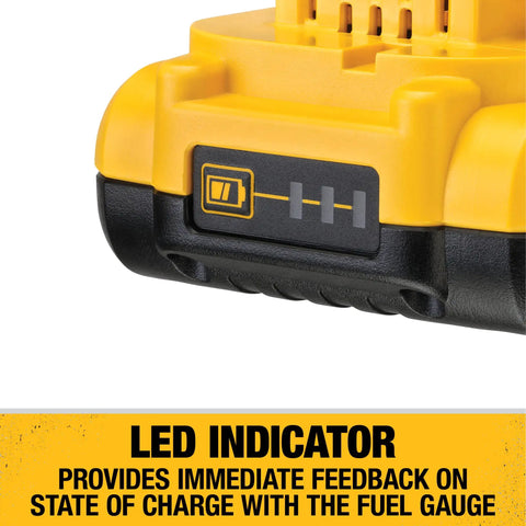 Close-up of 20V Max 4Ah Compact Battery for Power Tools with visible LED indicator showing charge level.