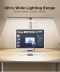 Ultra wide lighting range of Dual Head LED Desk Lamp for Home Office illuminating a multi-monitor setup.