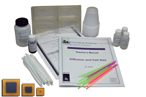 Hands On Diffusion And Cell Size Activity Kit with agar blocks, diffusion indicators, and teacher's manual.