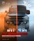 Front view of Bronco 4 Door with cab cover, showcasing temperature difference and sun protection with heavy duty cover.