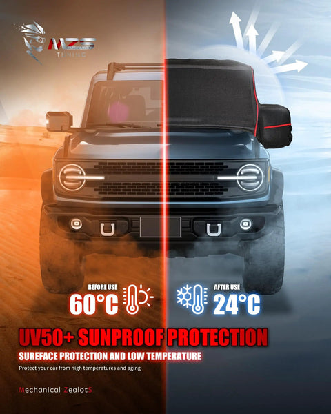 Front view of Bronco 4 Door with cab cover, showcasing temperature difference and sun protection with heavy duty cover.