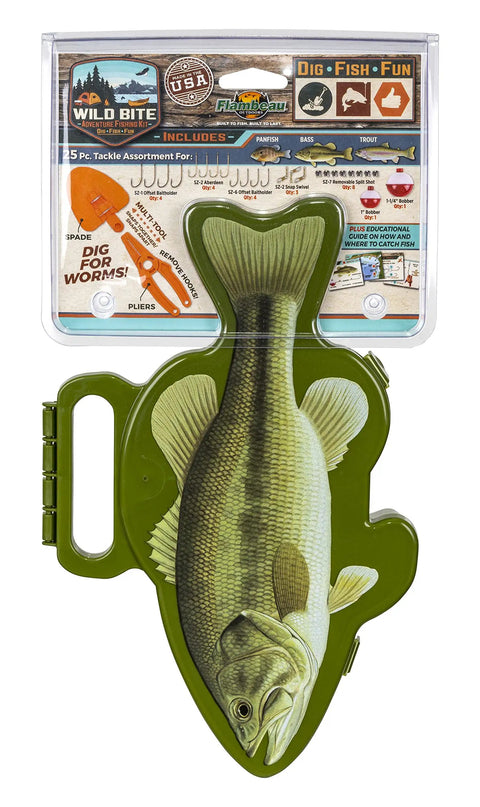 Beginner Fishing Tackle Box Kit With 25-Piece Multi-Species Gear in fish-shaped container with packaging details visible.