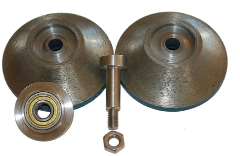 Badass Diamond Bullnose Router Bit Set For Granite Marble Stone Concrete V40 Profile Three Piece Grit Kit 40 70 And 150 With Quick Mount Bolts parts including two diamond bits, shaft, and nut.